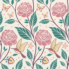 Elegant Rose Bird Butterfly Vector Pattern