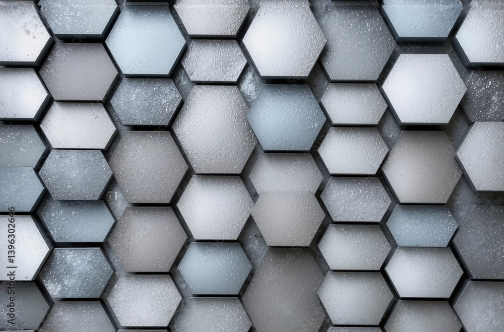 Poster abstract geometric pattern of gray and white hexagonal tiles creates a dimensional, textured surface