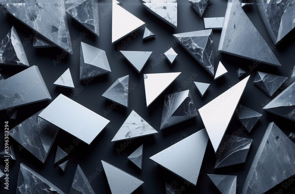 Poster scattered geometric shapes in gray and white tones are arranged on a dark surface. reflective fragme