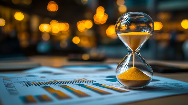
Hourglass placed on blurred background of bar graph over financial documents symbolizes time management and financial planning, highlighting urgency and strategy in modern budgeting.

