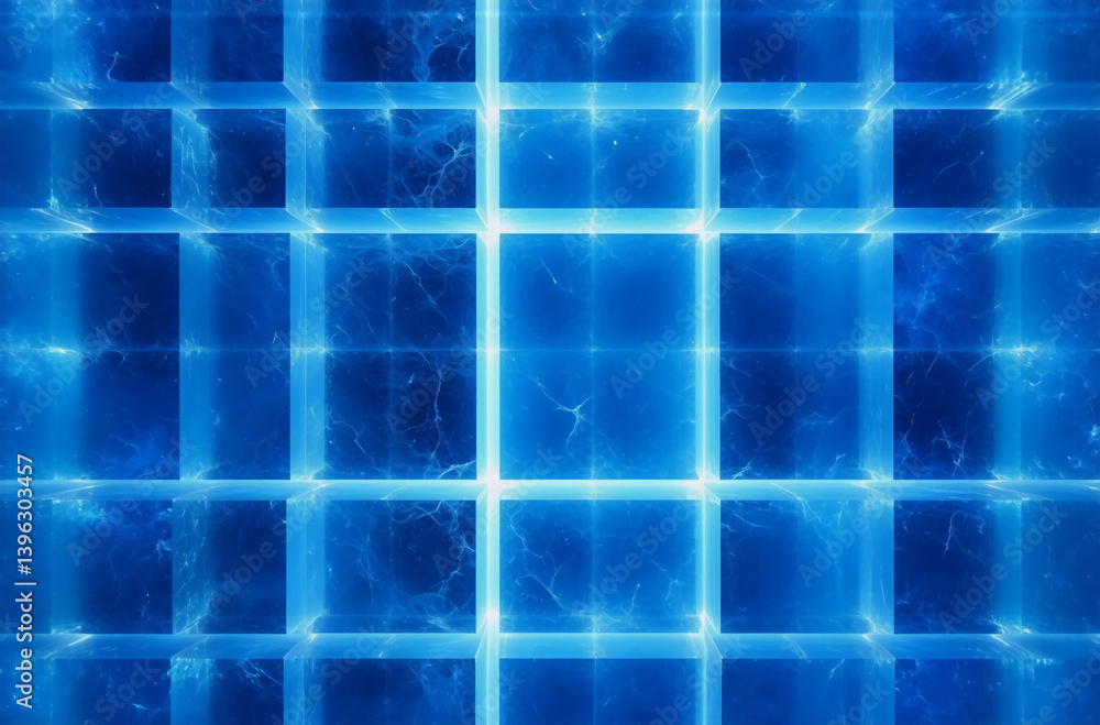 Poster a luminous blue grid pattern glows with bright lines and soft hazy areas, creating a futuristic and 