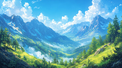 Fototapeta premium Stunning Summer Mountain Landscape Majestic Peaks, Lush Valley, Blue Sky