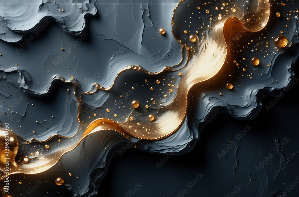 Poster elegant abstract background with flowing shapes in dark gray and gold. textured surface with liquid 