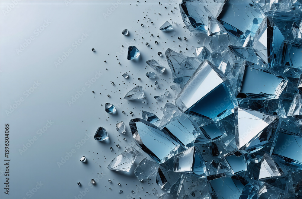 Poster scattered sharp glass shards and fragments are spread across a light blue background, creating a dyn