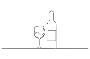 Continuous one line drawing of Wine bottle and wine glass. Single line drawing illustration of Wine bottle with glass. Alcoholic drink concept vector art. Doodle line illustration.