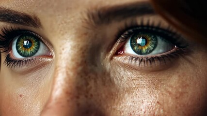 Macro view of captivating green eyes with detailed eyelashes and natural freckles on fair skin, conveying beauty and human gaze