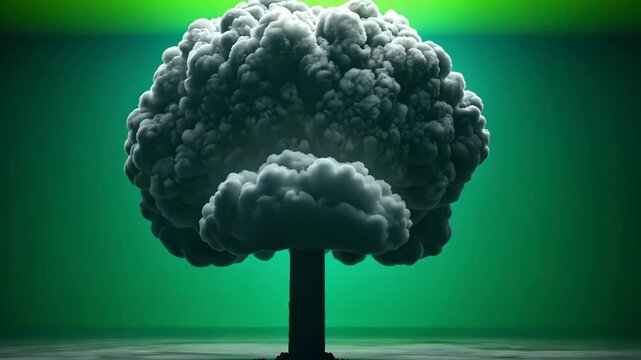 Simulated cloudscape, puffy gray cloud emanating from a dark column in a minimalist, stark, abstract setting against green backdrop.