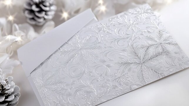 Luxury Christmas invitation card embossed silver patterns resting on a pristine white background