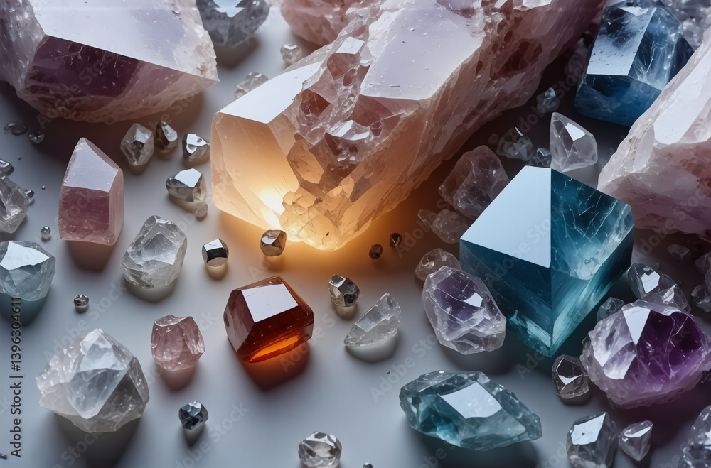 Poster various colorful crystals of different sizes and shapes are scattered on a white surface. some are l