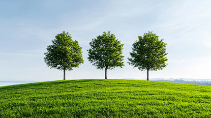 Obraz premium Trio of Trees on Grassy Hill Under a Clear Sky on a Bright Day in Nature with a Peaceful Vibe