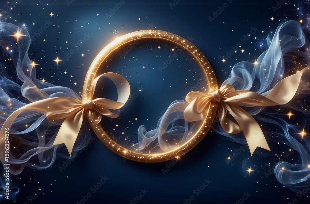 Poster golden circle frame adorned with flowing golden ribbons on a deep blue background sprinkled with spa