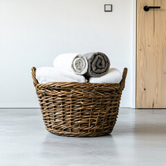 Wicker Basket Overflowing with Rolled Towels Near a Modern Door for Interior Decor Simplicity