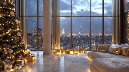 Luxury Christmas penthouse floor to ceiling windows showcasing a snowy city skyline elegant gold and silver holiday decor and soft glowing fairy lights