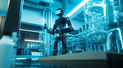 Futuristic robot in a high-tech laboratory surrounded by glass containers and advanced equipment, illuminated by blue light