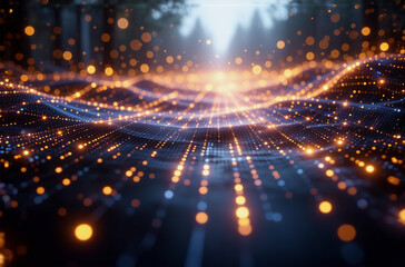 Obraz premium Abstract digital landscape with flowing lights. Orange and blue bokeh creates depth and a sense of energy over a dark surface.