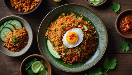 Top view of flavorful nasi goreng kampung, rustic setting, sambal and cucumber slices 