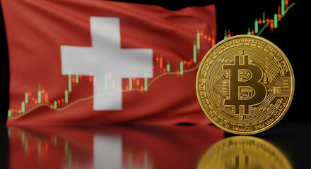 A bitcoin coin with swiss flag and stock chart in background indicating cryptocurrency in switzerland