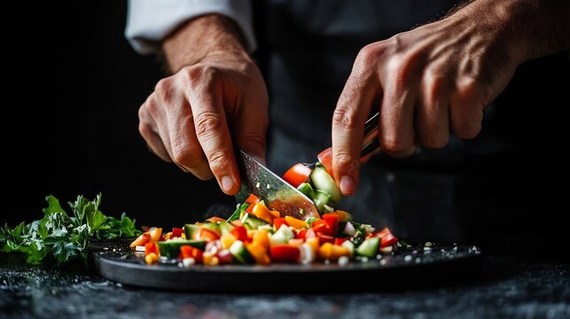 Dark background shot of chefs hands expertly chopping vegetables