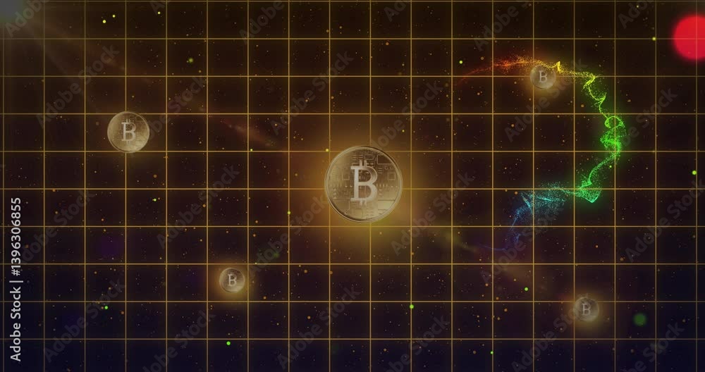 Poster bitcoin symbols floating in colorful cosmic animation with grid background