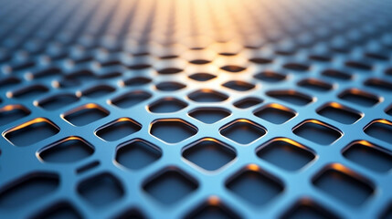 Close-up of industrial perforated metal sheet with hexagonal holes, forming a modern textured surface symbolizing strength, precision, and engineered design in contemporary architecture.

