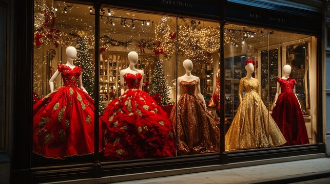 Luxury Christmas themed boutique storefront elegant mannequins red and gold gowns twinkling holiday window display opulent shopping district