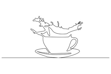 Continuous one line drawing of Coffee or tea splashes out of the cup. Single line drawing illustration of spilled coffee or tea. Coffe or tea concept vector art. Doodle line illustration.