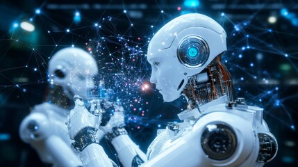 Futuristic robots interact with a network. Metallic, white design. Neural connection