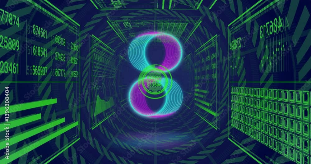 Poster glowing data and geometric patterns in animation of futuristic digital tunnel