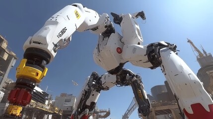 Futuristic white robot with industrial background. Complex machinery, sunny day