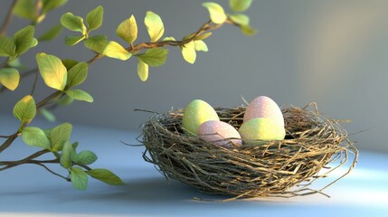 Fototapeta premium A warm and inviting Easter-themed image with a natural bird's nest and pastel eggs, displayed on a soft blue background.