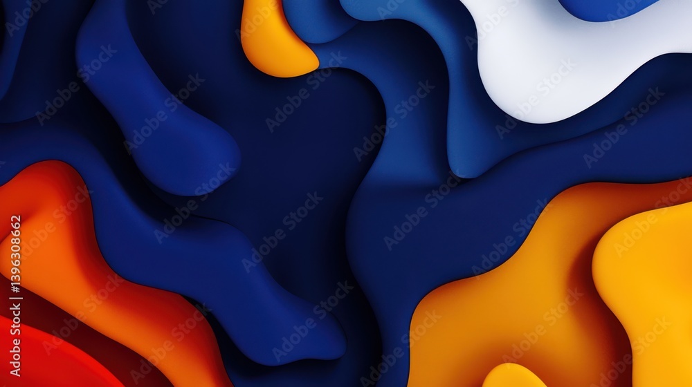 Poster a vibrant abstract tech 3d background in deep blue tones. small touches of bright orange, yellow, wh