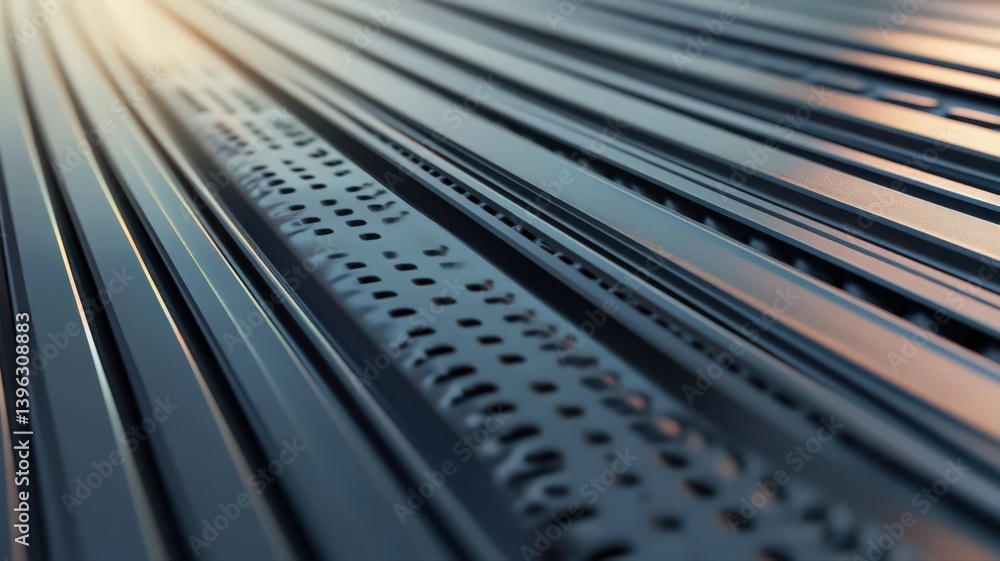 Poster abstract dark metallic parallel lines with perforated patterns converging towards light