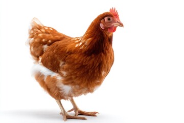 A brown hen stands alone against a white background, showcasing its full body, perfect for farmers focusing on laying hens.