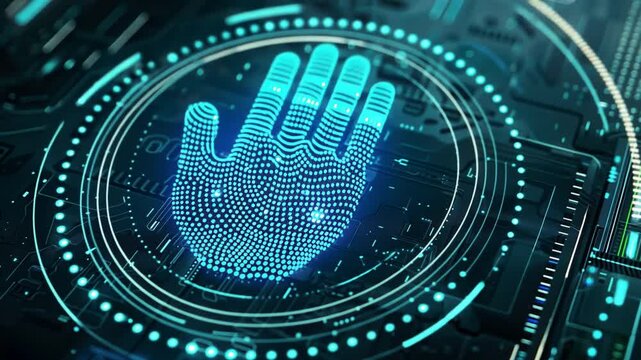 Digital Handprint Biometric Security Technology with Glowing Blue Dots and Circuit Patterns, Showcasing Innovation and Modernity in Futuristic Design.