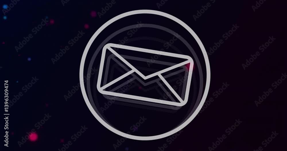 Poster animation of envelope icon with circular lines, colorful lights in background