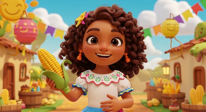 Menina animada com roupa de festa junina segurando milho