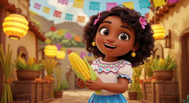 Menina animada com roupa de festa junina segurando milho