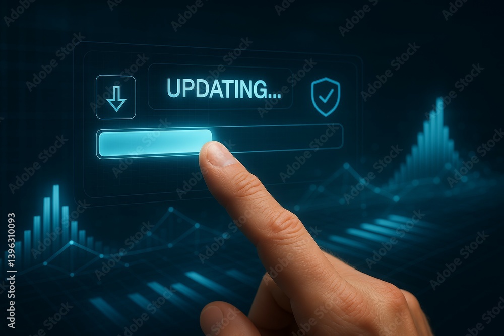 Poster hand interacting with digital update interface and progress bar