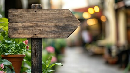Blank sidewalk wooden sign with blurred background of flower pots and cafe lights