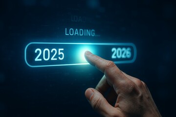 Hand interacting with digital interface transitioning from year 2025 to year 2026