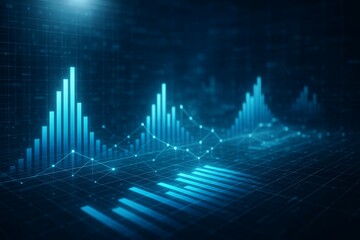 Futuristic blue financial data visualization with bar and line graphs