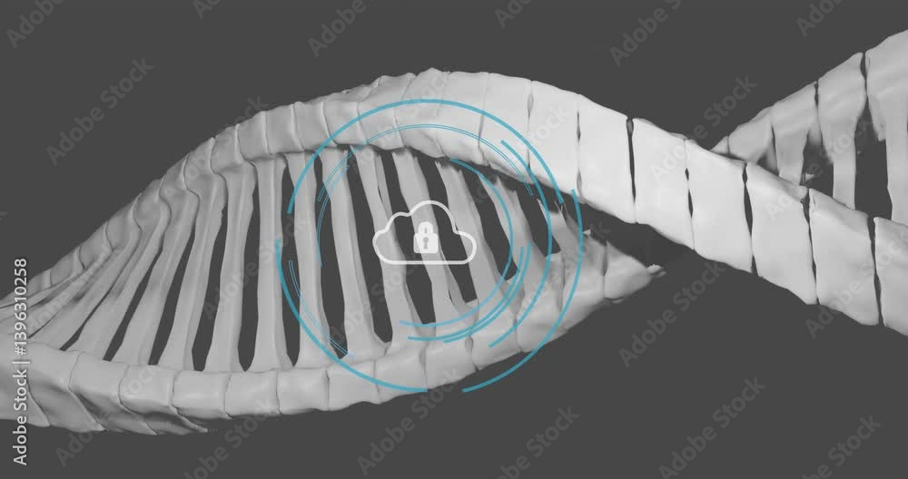 Poster dna strand with cloud security lock icon and circular data processing animation