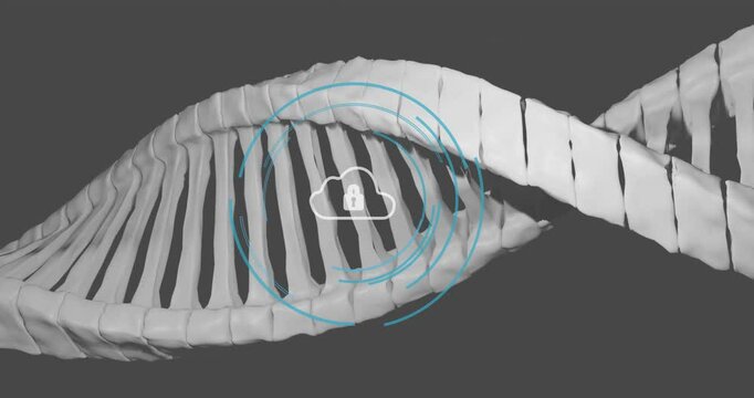 DNA strand with cloud security lock icon and circular data processing animation - Powered by Adobe