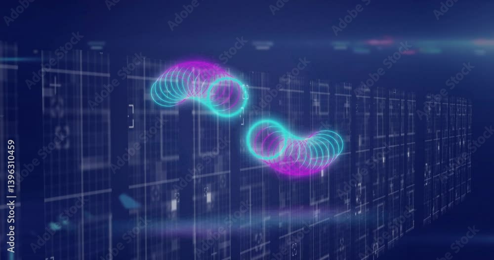Poster glowing neon spirals floating over digital grid background in futuristic animation
