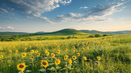 Obraz premium Blooming sunflowers under a perfect summer sky, rolling hills and mountain peaks completing the scenic background