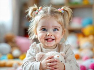 Portrait of a cute smiling 1.5-year-old girl with blue eyes and blonde hair — tender childhood moment on a light background.