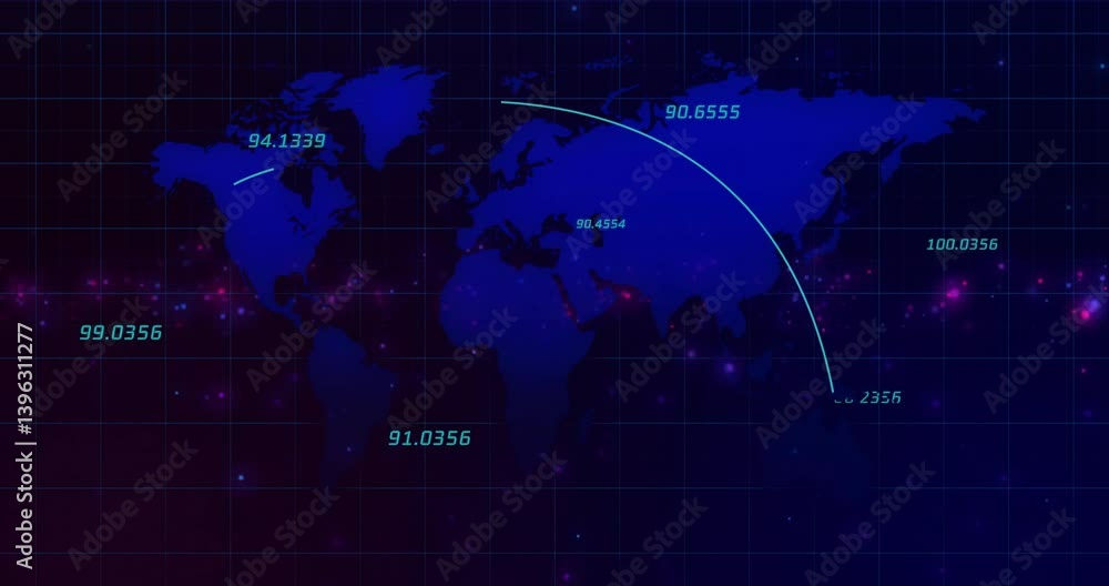 Poster animation of digital data points connecting on world map over grid background