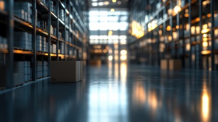 Modern warehouse interior with shelves and bright lighting.