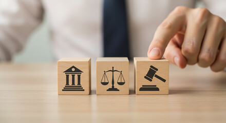 Naklejka premium Legal System Concept Courthouse Scales of Justice Gavel on Wooden Blocks