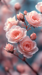 Light pink roses in soft pastel tones with a blurred background, symbolizing gentleness, affection, and grace. Ideal for modern romantic themes, delicate textures, or serene floral design.

